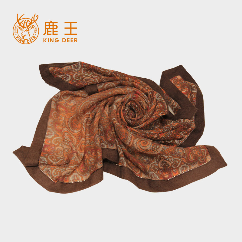 鹿王100%山羊绒精纺缩绒印花披肩
