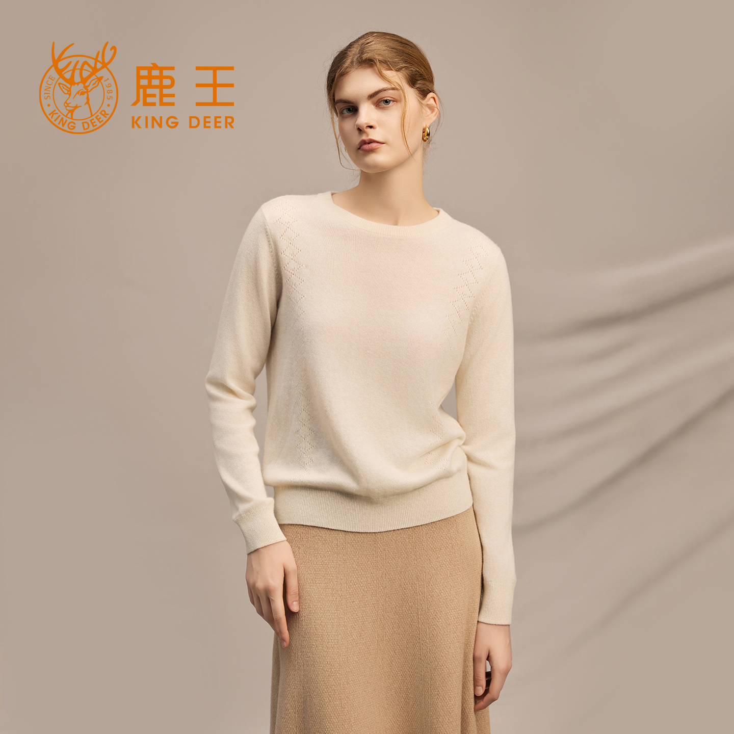 鹿王100%纯山羊绒衫圆领女士针织