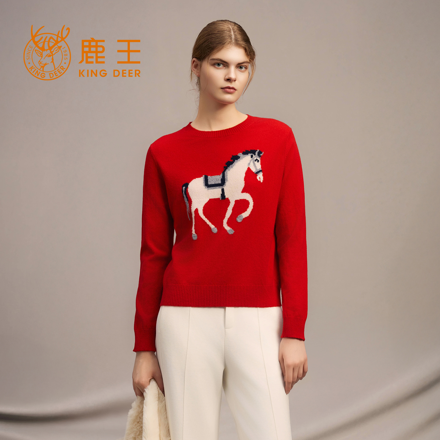 鹿王100%纯山羊绒衫女士圆领