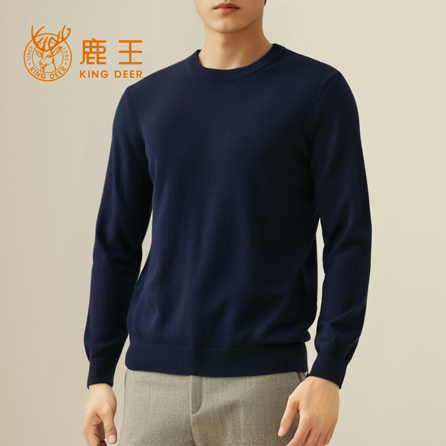 鹿王100%纯山羊绒衫男士圆领