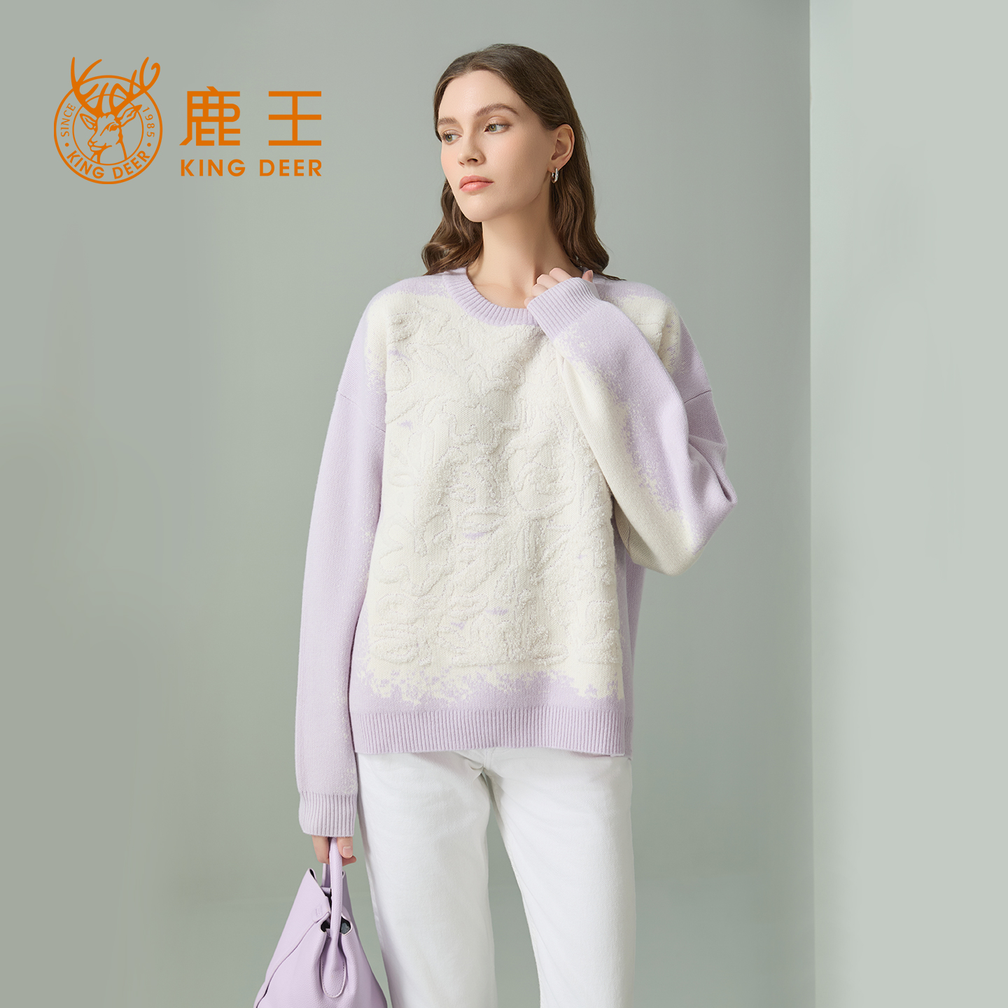 鹿王100%纯山羊绒衫女士圆领