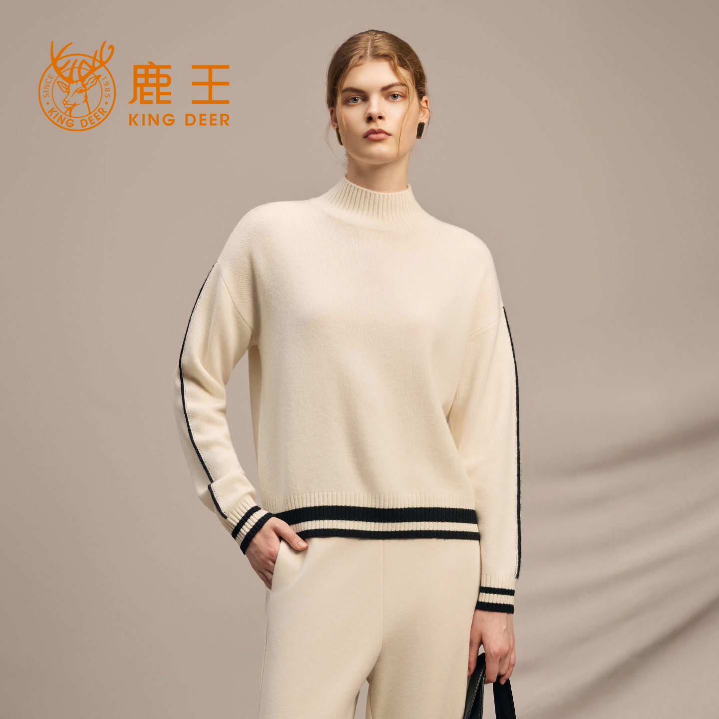 鹿王100%山羊绒衫半高领撞色条纹