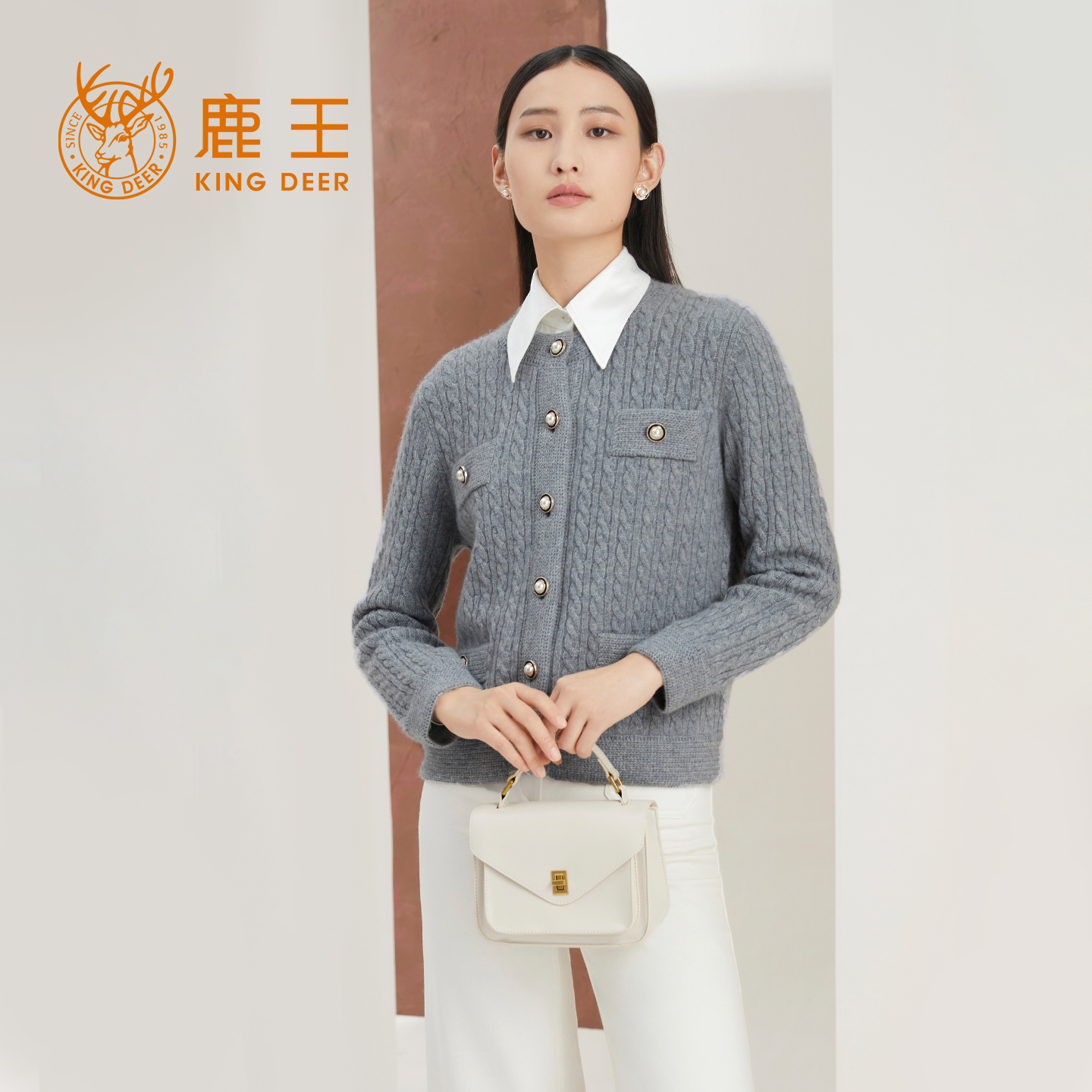 鹿王100%纯羊绒开衫女圆领变化组织保暖百搭简约长袖春秋冬新款