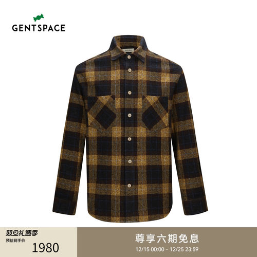 撞色格纹翻领长袖水洗外穿衬衫