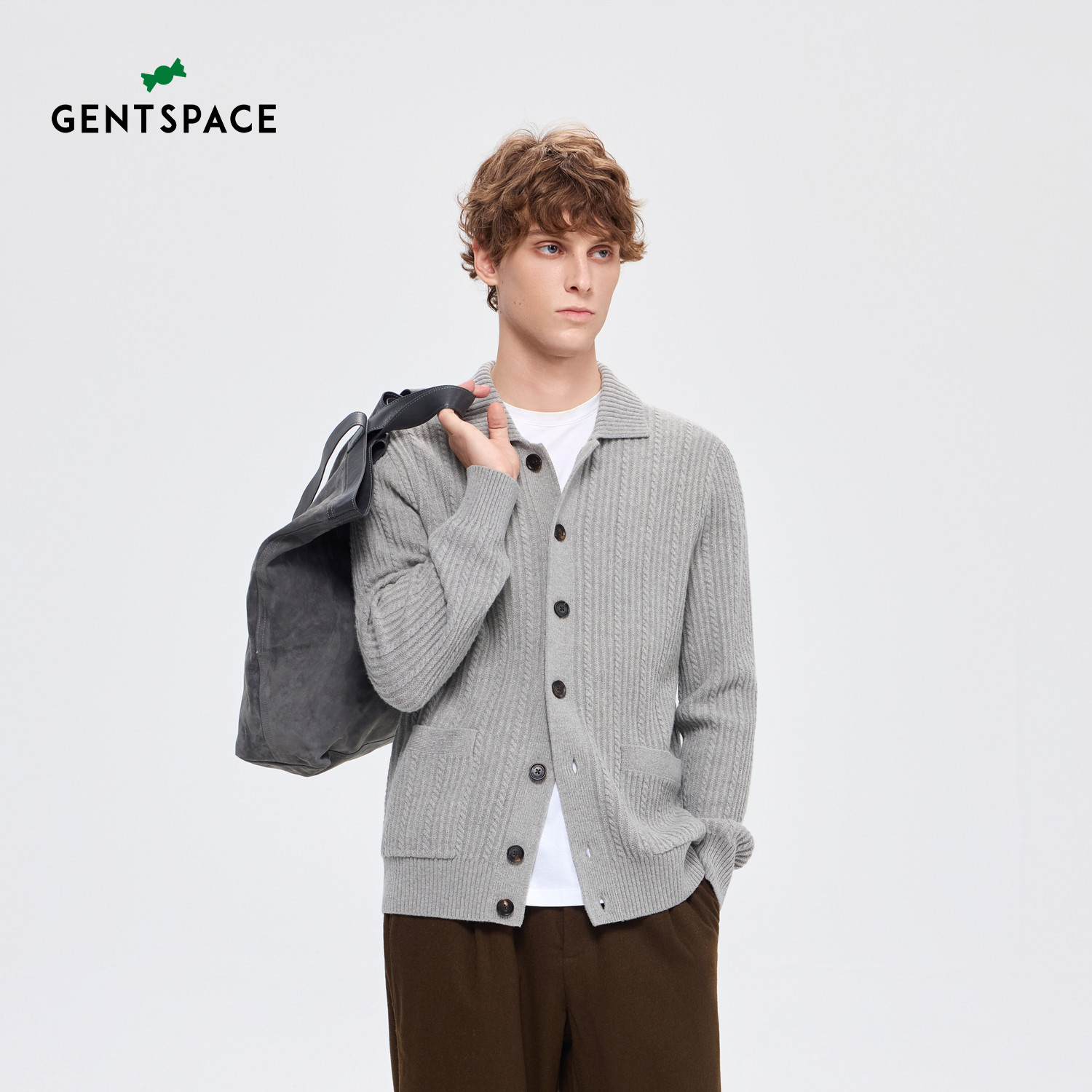 GENTSPACE秋冬新品时尚舒适绵羊毛松弛翻领男士长袖针织衫外套