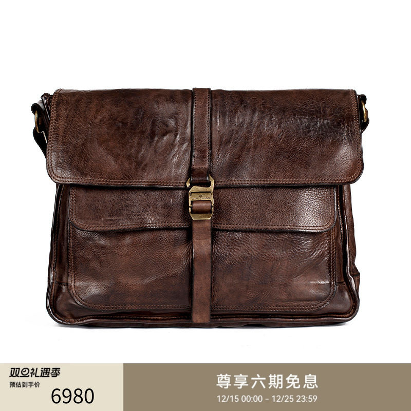 GENTSPACE深咖色牛皮革斜挎背包