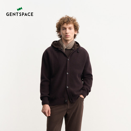 GENTSPACE2026年秋季新品绵羊毛可拆卸连帽男士针织开衫外套