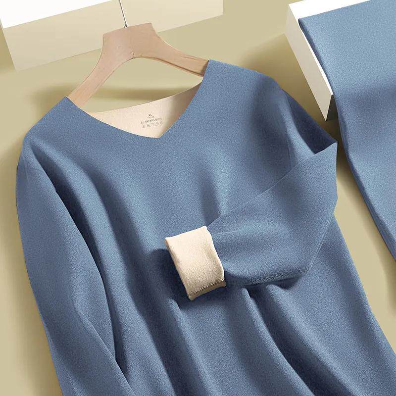 남성용 겨울 양면 기모 열 속옷 세트 솔리드 컬러 AB 양면 긴팔 양복 V 넥 원활한 추위 청소년 보호