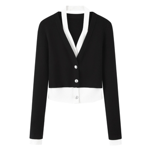 百搭显瘦撞色拼接V领假两件针织开衫 设计时尚 女 2025早秋新款 艾