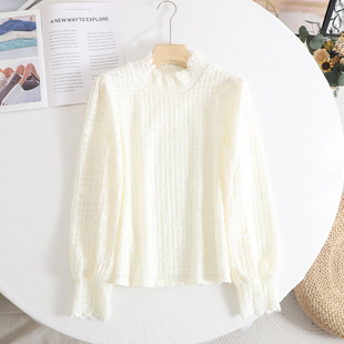 L家 法式温柔风蕾丝花边镂空半高领打底衫女2025秋冬针织衫上衣