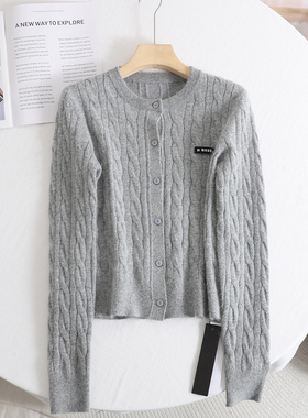 艾 灰色长毛纽扣毛衣2025冬慵懒软糯绞花纹显瘦修身百搭针织衫女