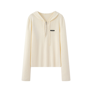 艾 女秋冬宽松显瘦毛衣外套 慵懒风休闲连帽抽绳半拉链针织开衫