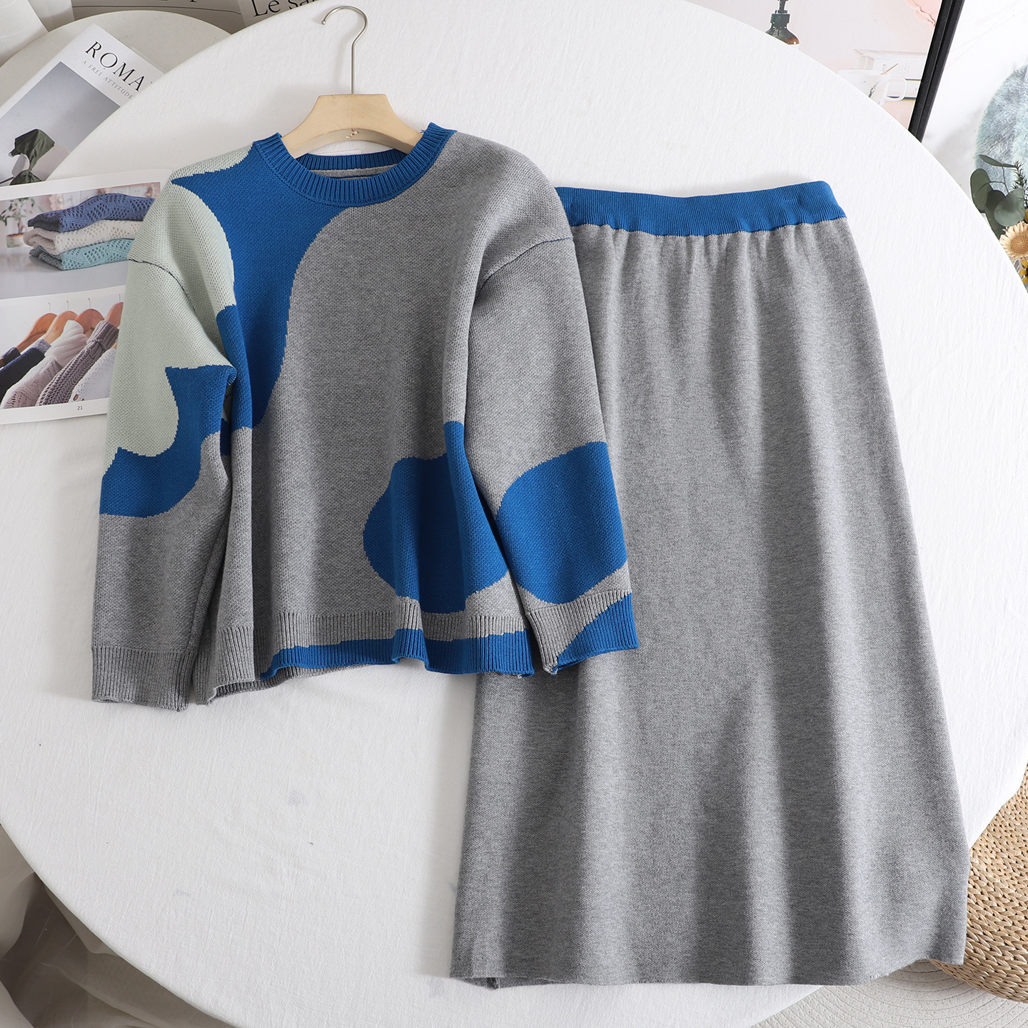 撞色宽松针织衫半身裙两件套