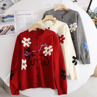 开运小马刺绣毛衣外套2026春装新款高级感圆领红色提花针织开衫女