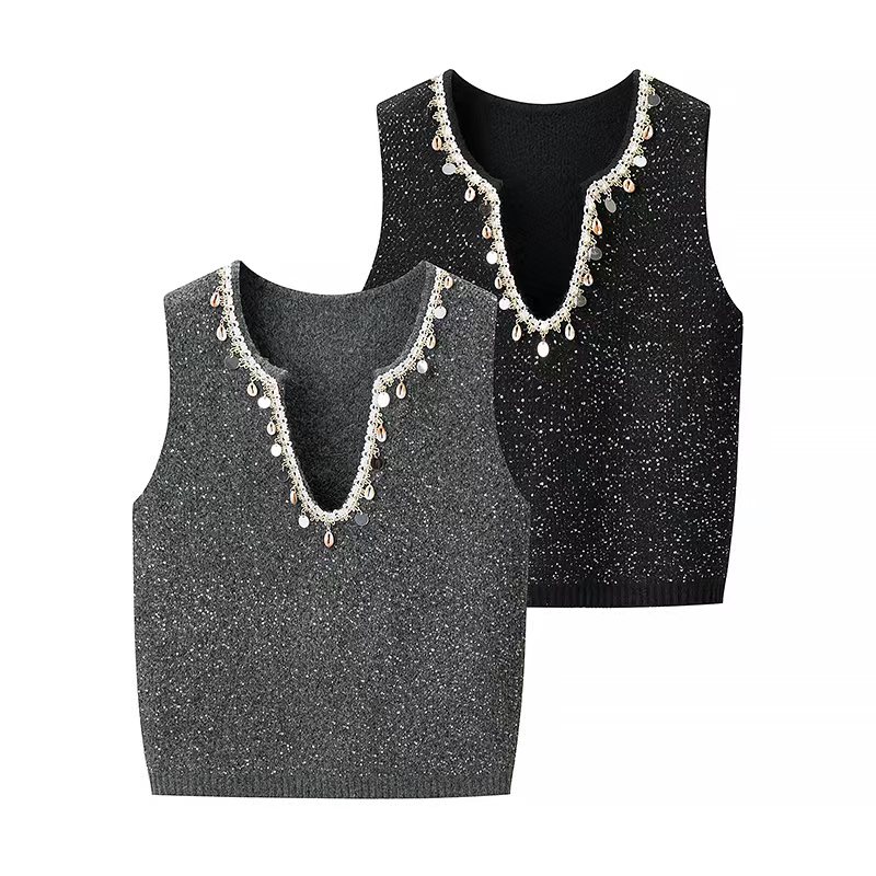 高级感V领亮片贝壳针织马甲