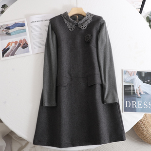 蕾丝翻领加绒打底衫叠穿背心裙立体花朵藏肉显瘦灰色毛呢裙小个子