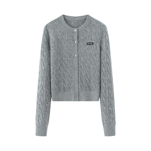 艾 女2025秋冬圆领百搭减龄毛衣外套 慵懒风灰色麻花纹针织开衫