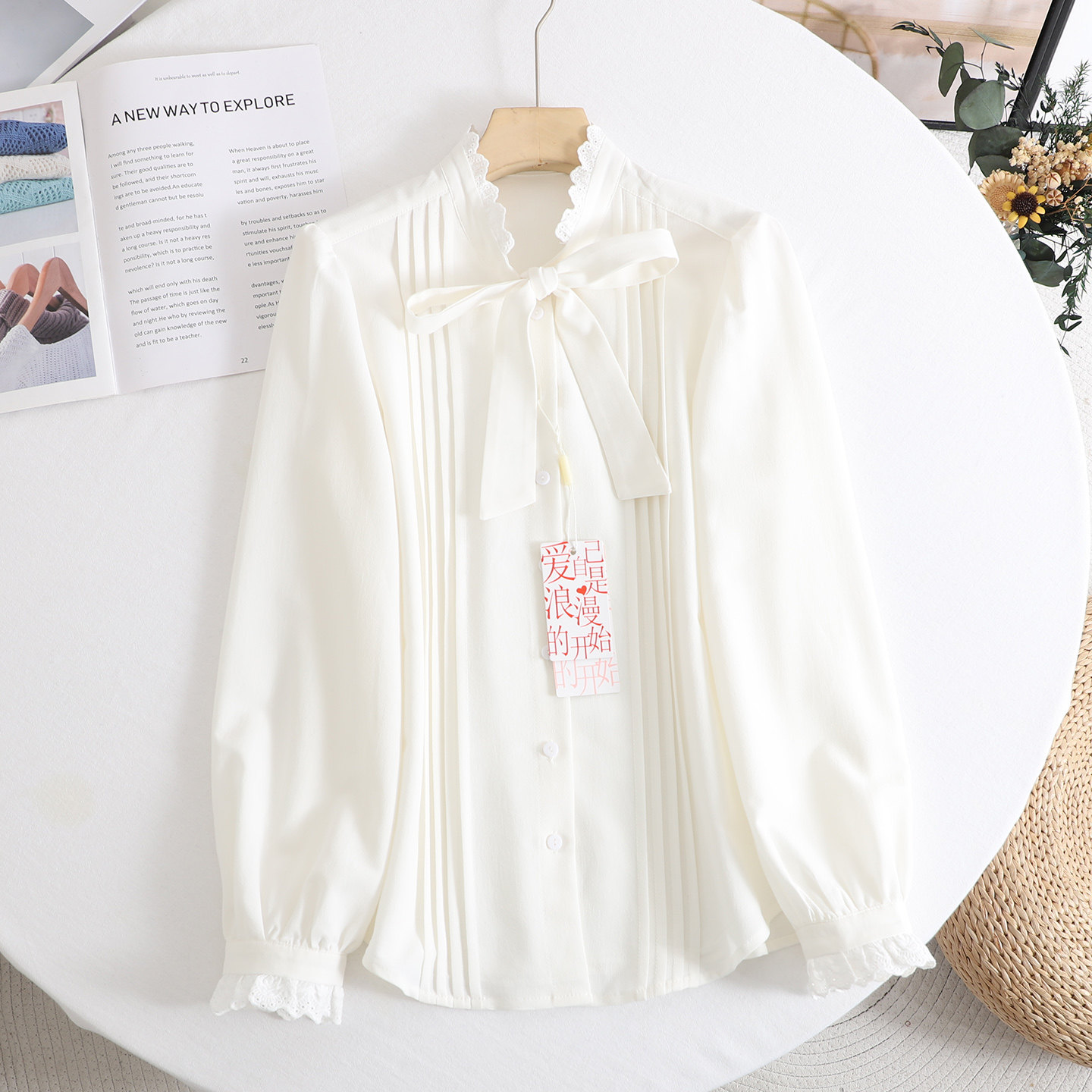 伊系 法式温柔风立领飘带衬衫女2026春季新款长袖花边设计感上衣,女装/女士精品,衬衫,淘宝优惠券,粉丝福利购,淘宝优惠卷