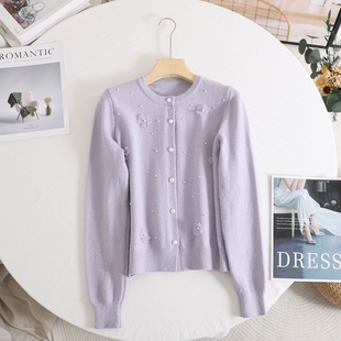 秋水 甜美立体花朵钉珠针织开衫女2025秋新款紫色圆领毛衣短外套