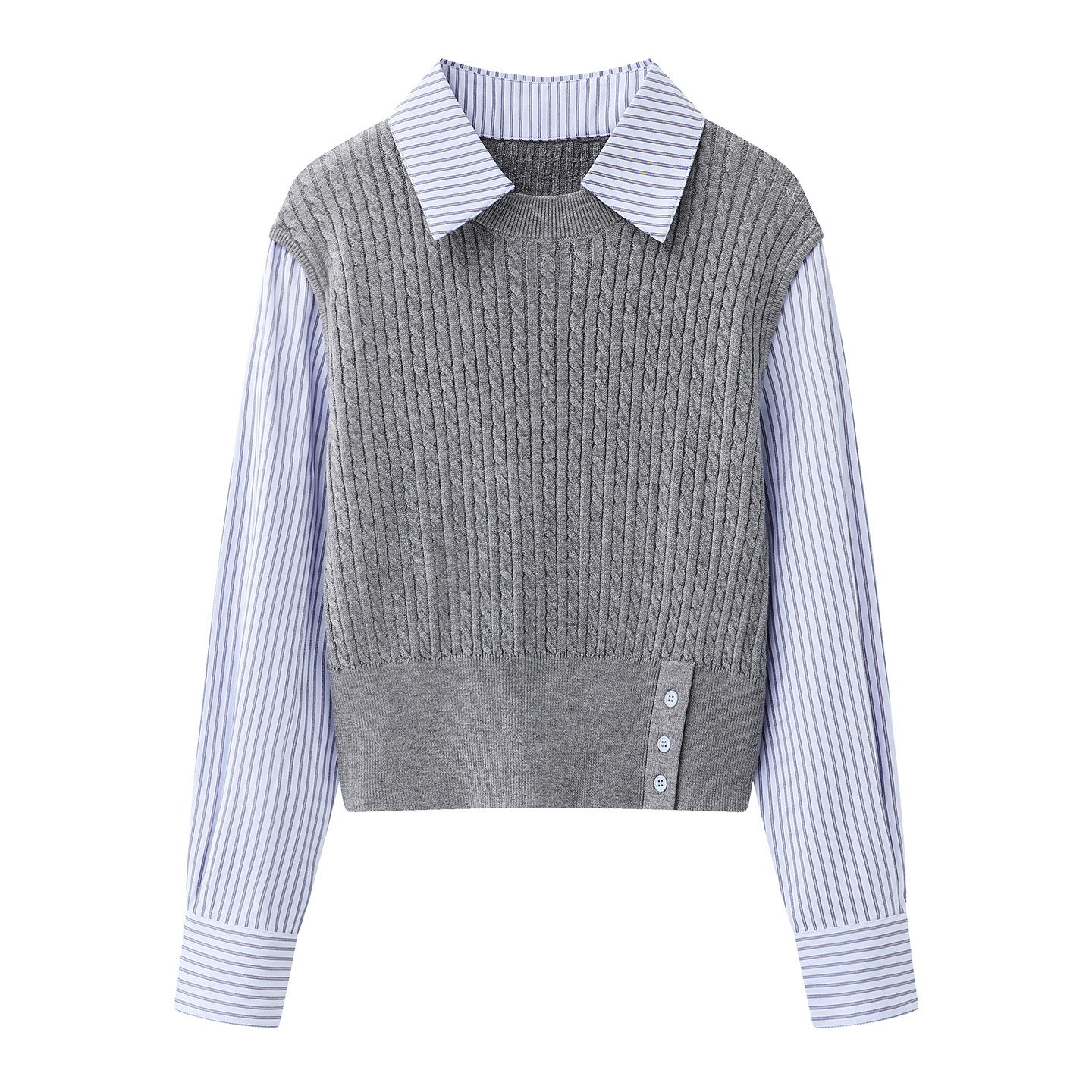 翻领假两件条纹拼接针织衫女2026春季新款通勤风套头设计感上衣,女装/女士精品,毛针织衫,淘宝优惠券,粉丝福利购,淘宝优惠卷