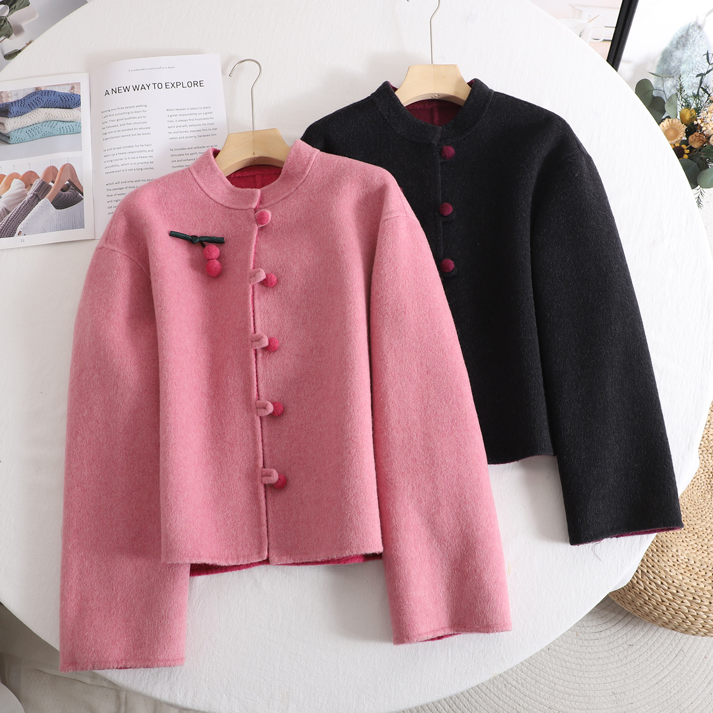 新中式国风盘扣樱桃双面呢外套