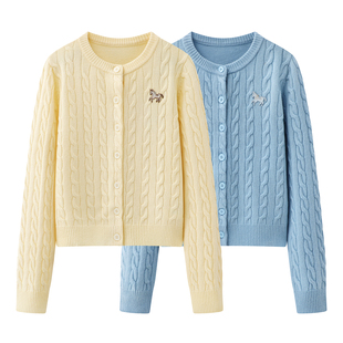 秋水 圆领刺绣绞花针织开衫女2026春季慵懒休闲复古软糯保暖毛衣