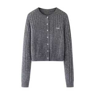 气质百搭修身 女2025冬季 显瘦毛衣外套 圆领灰色亮片针织开衫 艾