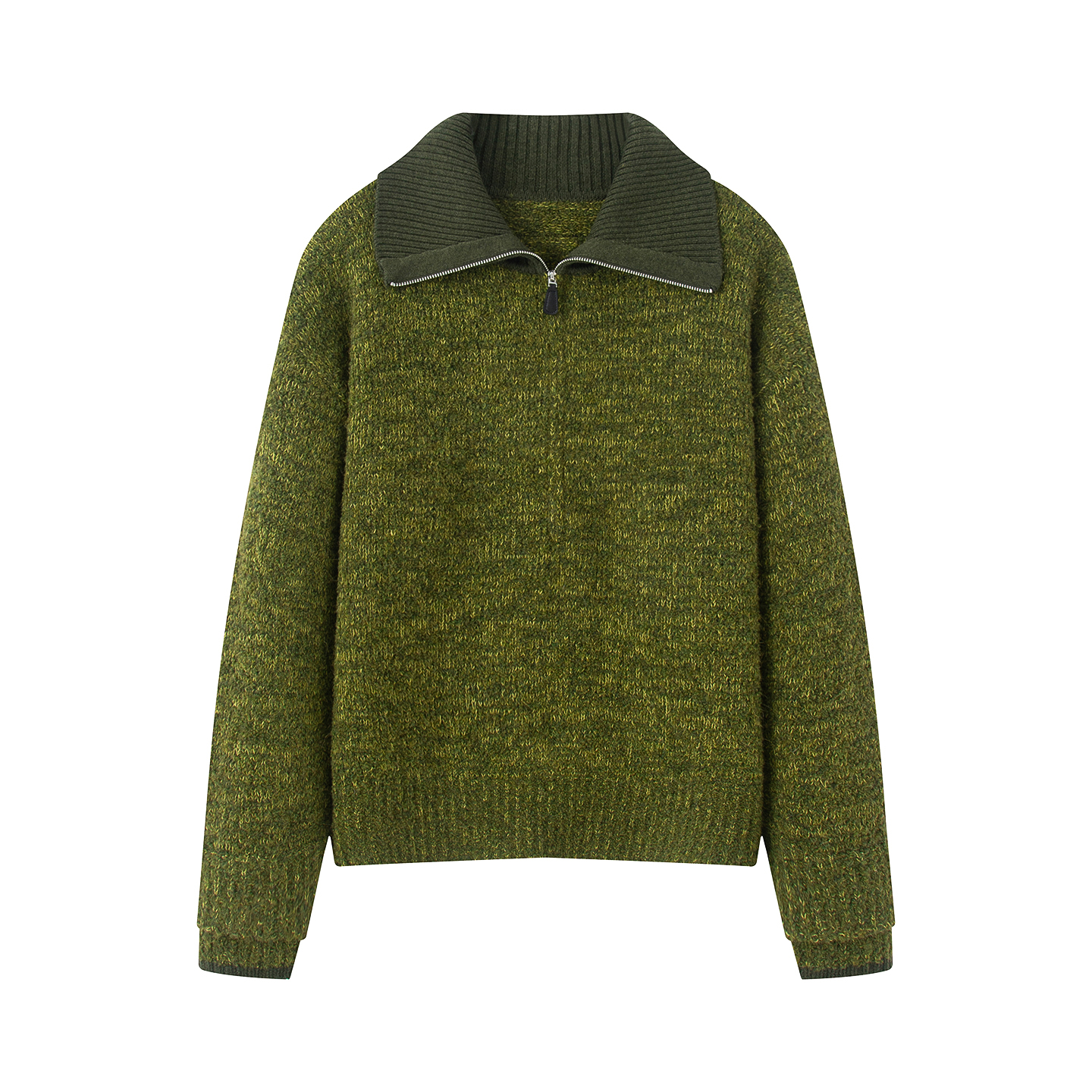 宽松慵懒风翻领撞色半拉链毛衣女