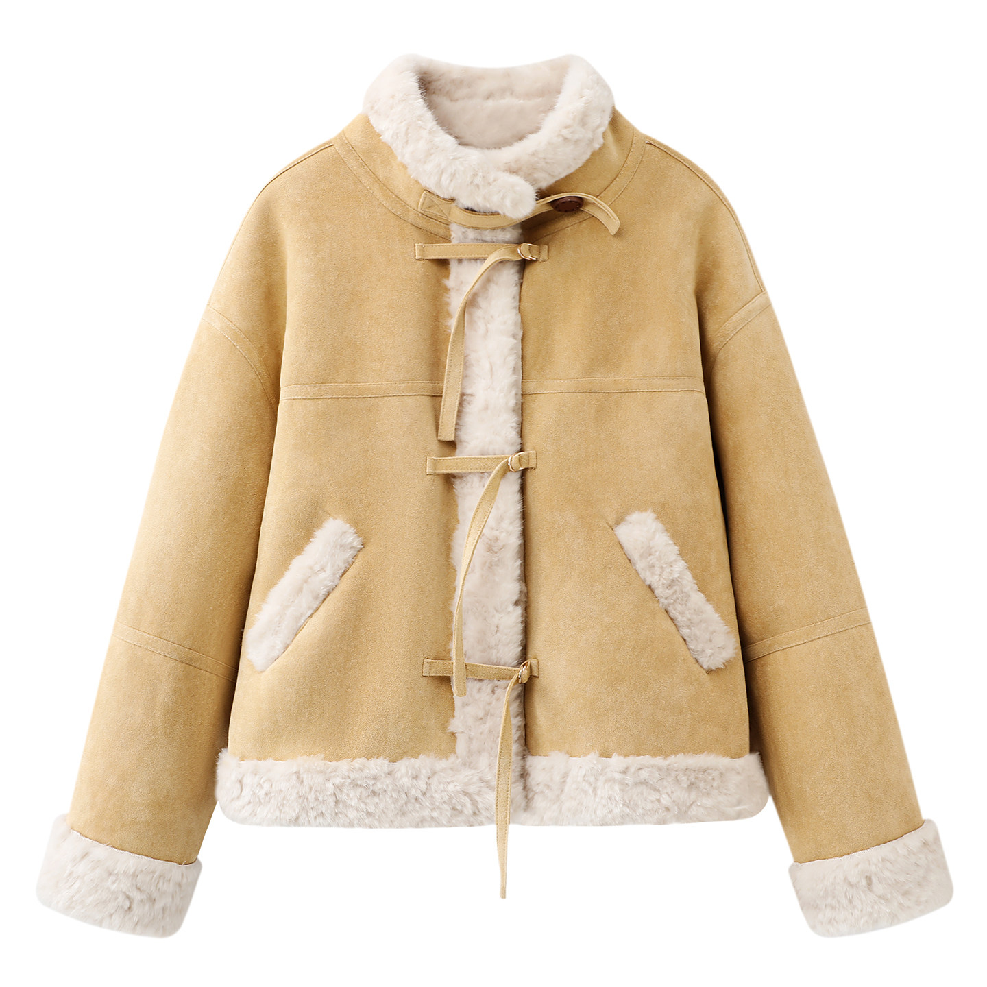 韩系黄色仿麂皮绒皮毛一体短外套