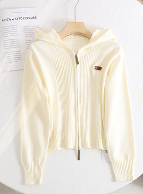 鸟家休闲百搭连帽拉链针织开衫女2025春季新款白色双拉链外套上衣