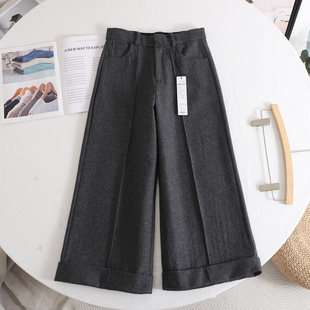 2025秋冬 女灰色卷边毛呢休闲裤 艾 高腰显瘦通勤百搭直筒阔腿裤