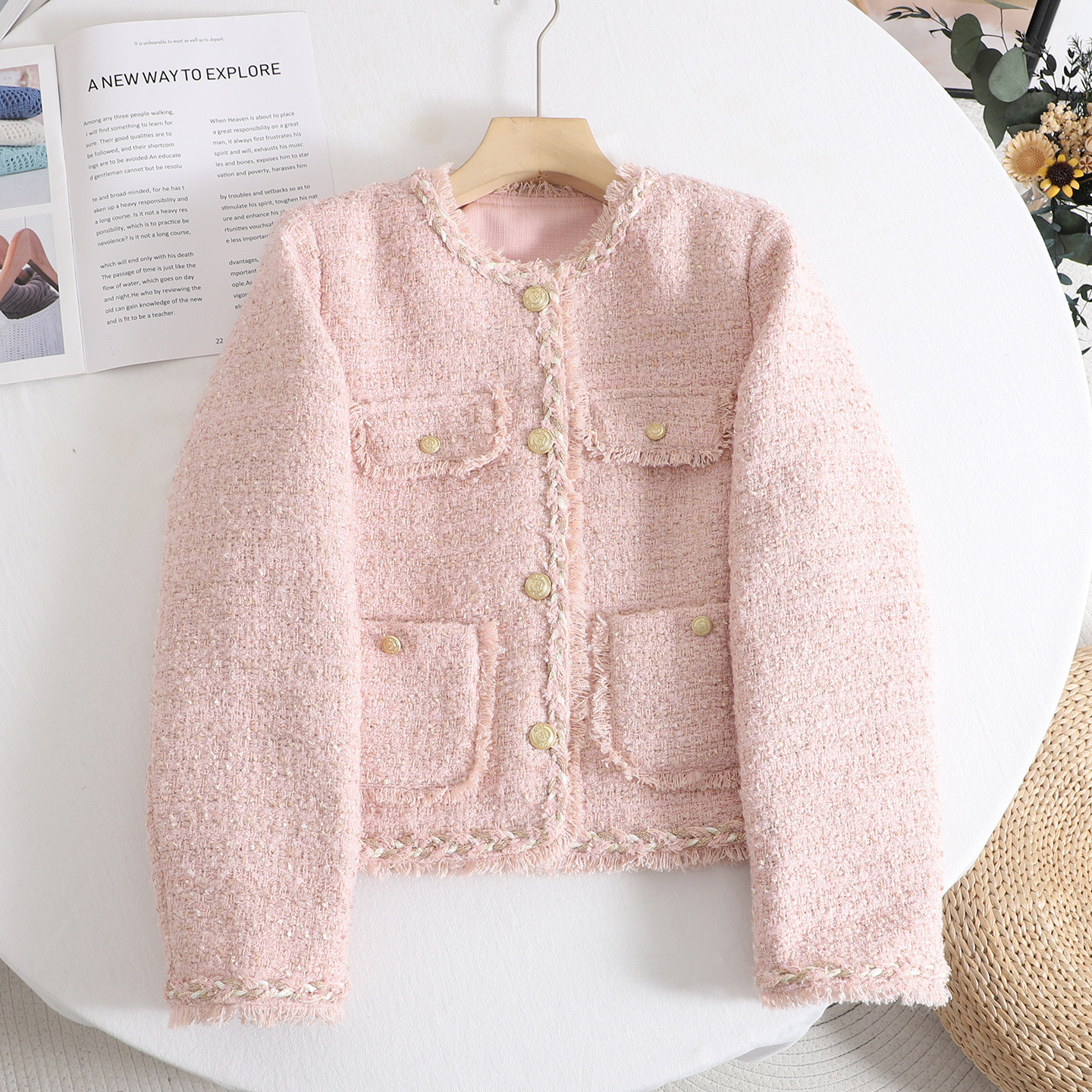 伊系 粉色香风粗花呢短外套女流苏圆领金属扣千金风气质外套上衣,女装/女士精品,短外套,淘宝优惠券,粉丝福利购,淘宝优惠卷