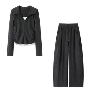 2025秋季 套装 新款 时尚 女 休闲运动撞色假两件连帽卫衣阔腿裤 艾