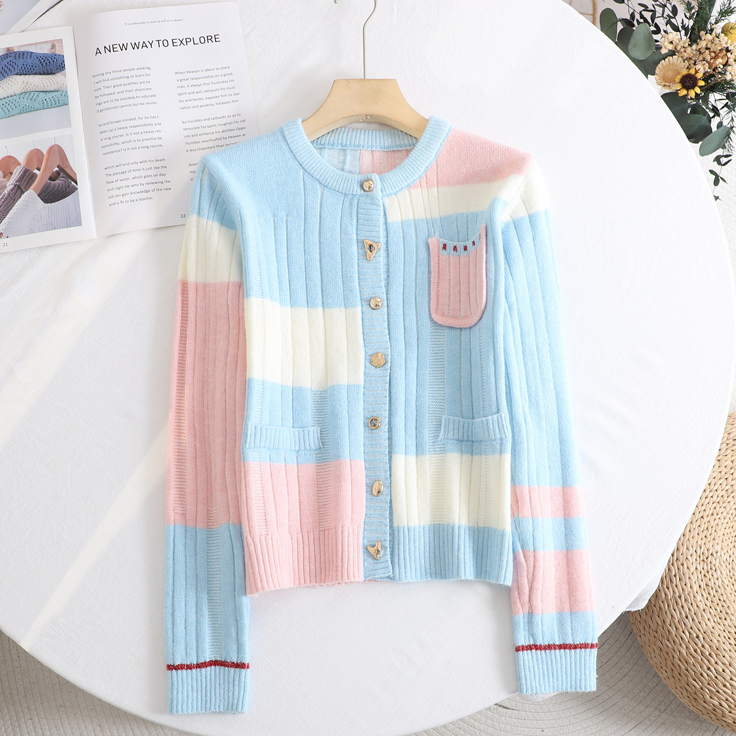 甜美马卡龙拼色圆领针织开衫女2026春季新款百搭宽松多巴胺毛衣,女装/女士精品,毛针织衫,淘宝优惠券,粉丝福利购,淘宝优惠卷