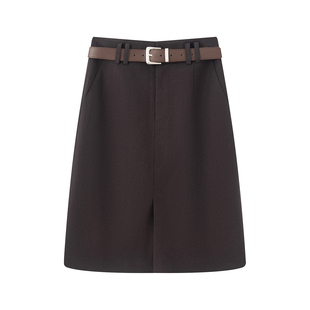 洋气百搭棕色开叉半裙 新款 艾 高腰显瘦A字腰带半身裙女2026春季