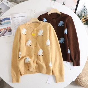宽松休闲羊羔绒提花针织衫 2025冬季 温柔气质小羊提花毛衣开衫 谜