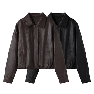 时尚 影系 韩版 新款 气质显瘦休闲百搭翻领皮衣夹克外套女 2025秋季