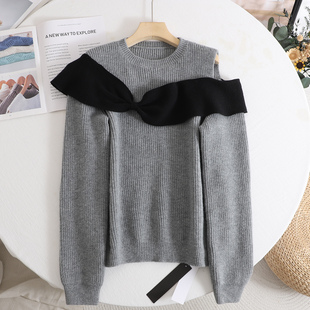 套头软糯气质显瘦长袖 女2025冬季 毛衣 灰色蝴蝶结露肩针织衫 艾