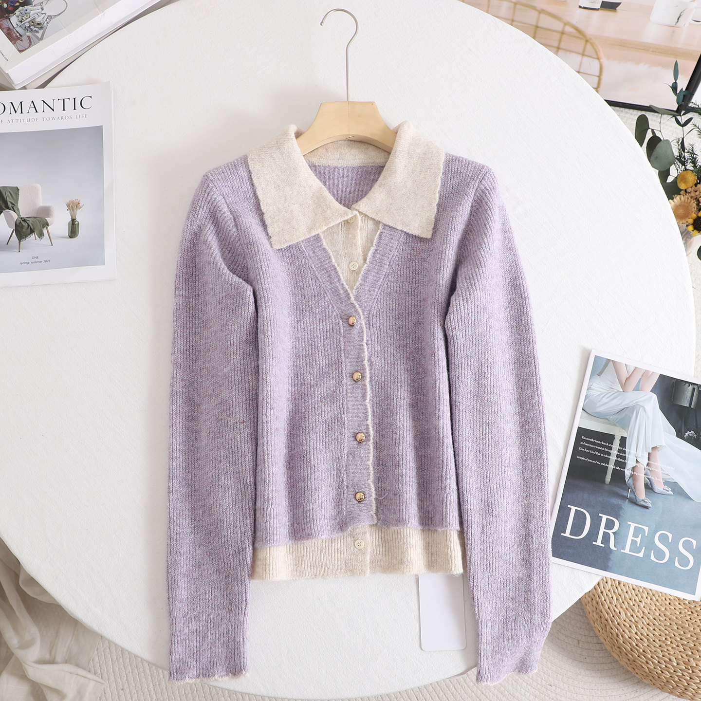 紫色软糯舒适撞色假两件上衣