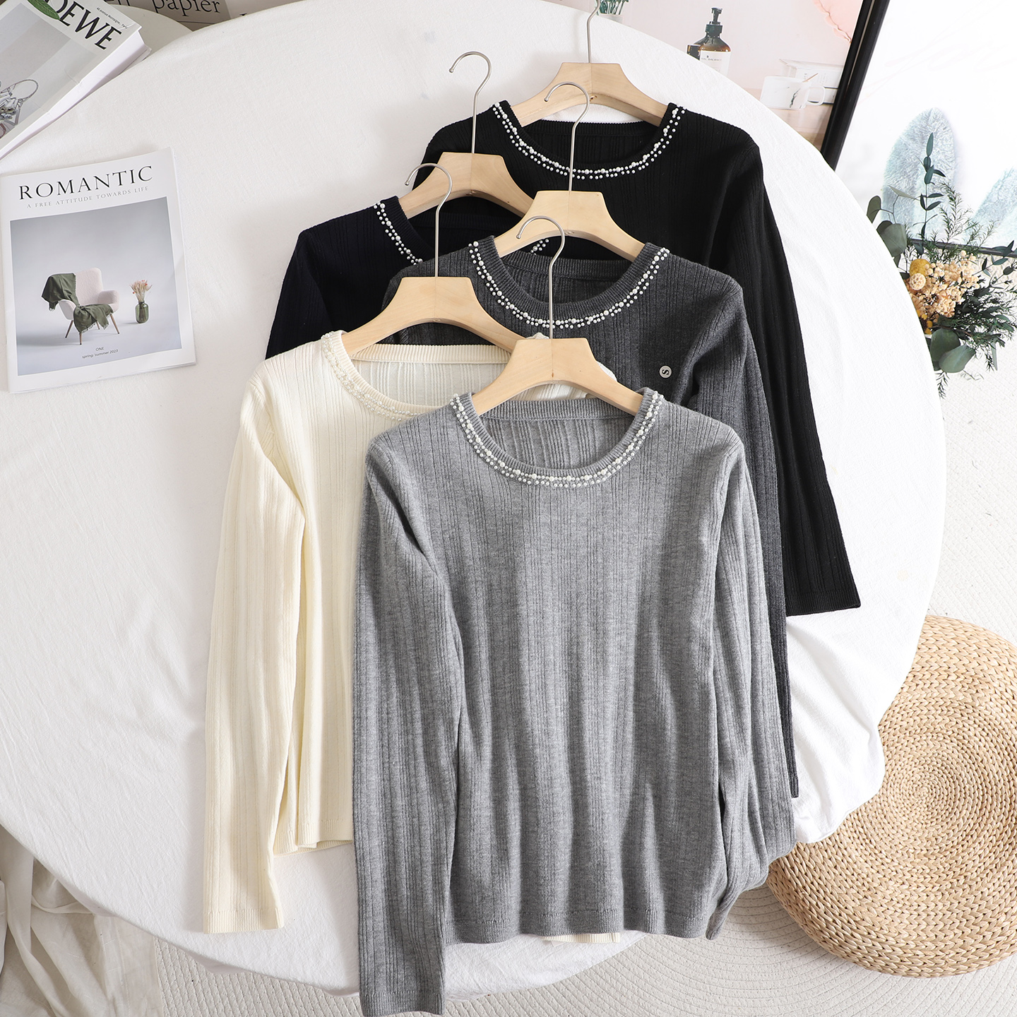 手工钉珠珍珠修身显瘦针织衫