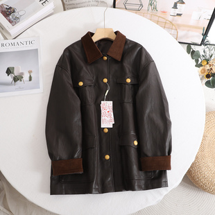 艾 拼接皮衣外套女巴恩风复古休闲翻领宽松夹克上衣女 气质工装