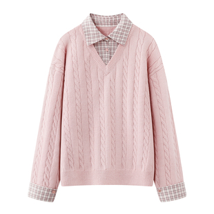 甜美减龄格纹拼接毛衣 女2026春季 艾 温柔感学院风假两件针织衫