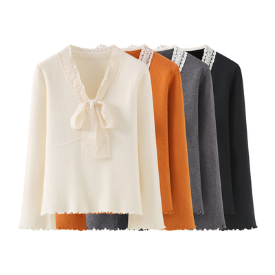 法式显瘦蕾丝蝴蝶结系带长袖针织衫女温柔毛衣上衣2025秋冬 新款