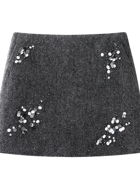 艾 设计感复古时髦亮片装饰灰色重工毛呢半身裙女2025秋冬新款