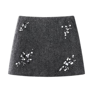 饰灰色重工毛呢半身裙女2025秋冬新款 艾 设计感复古时髦亮片装