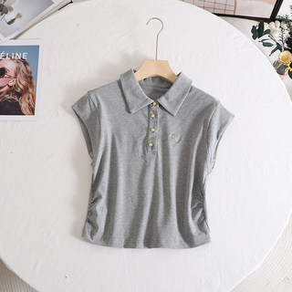 鸟+刺绣Polo领短袖T恤女2024夏季新款设计褶皱收腰显瘦短款上衣