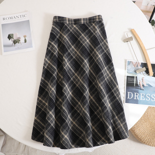 加厚伞裙 高腰显瘦A字中长款 影系 毛呢格纹半身裙女2025秋冬新款