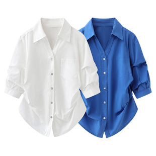 高级感打褶收腰设计感中袖 新款 白色衬衣 女2026春装 显白蓝色衬衫