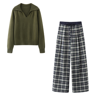 格纹阔腿裤 松弛感POLO领绿色显白针织衫 慵懒两件套 新款 2025冬季