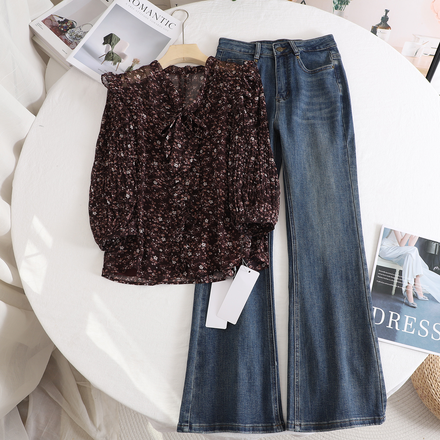 2025秋季新款碎花衬衫牛仔裤套装